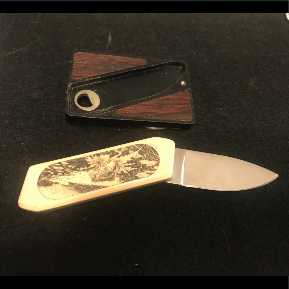 Rare GERBER Touché Knife Belt Buckle Bass Fish Scrimshaw ivory Brown Stainless - Picture 3 of 9